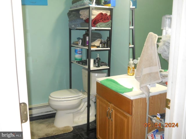 bathroom featuring tile patterned flooring, toilet, and vanity