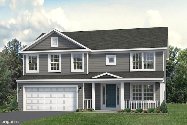 view of front of home featuring a garage, covered porch, and a front yard