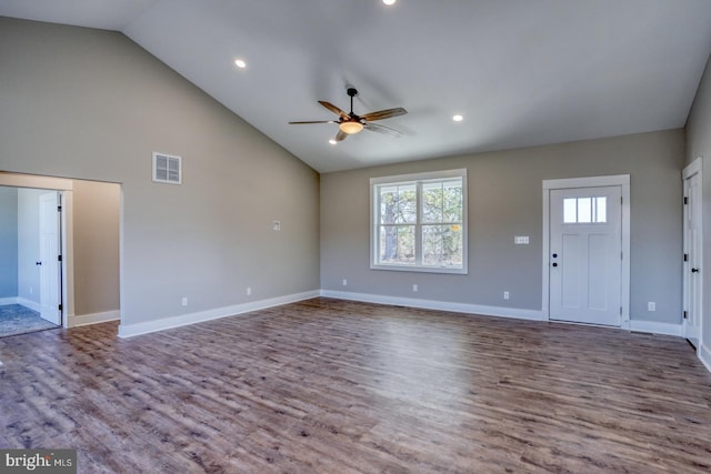 unfurnished living room with visible vents, baseboards, ceiling fan, and wood finished floors