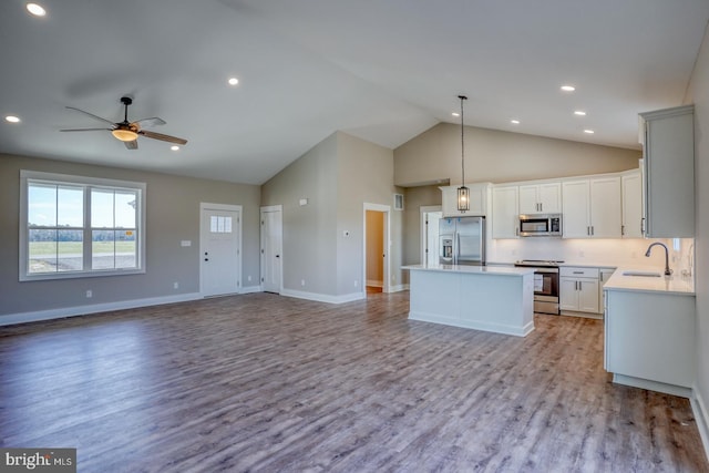 kitchen featuring open floor plan, appliances with stainless steel finishes, a kitchen island, and a sink