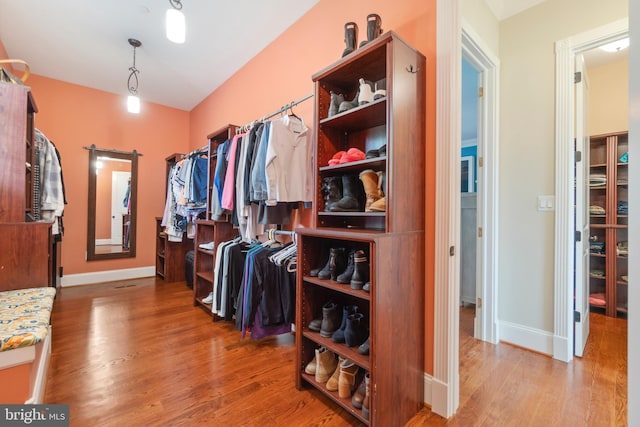 walk in closet featuring wood-type flooring and a barn door