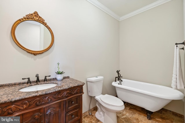 bathroom featuring a tub, toilet, ornamental molding, and vanity