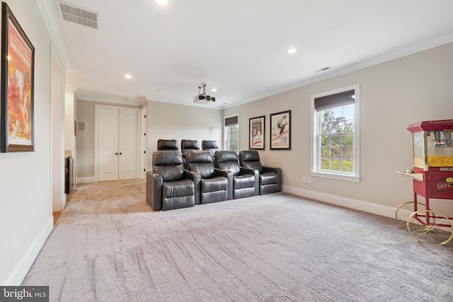 living room featuring crown molding and light carpet