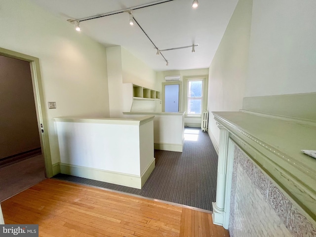 interior space featuring track lighting, hardwood / wood-style floors, and radiator heating unit