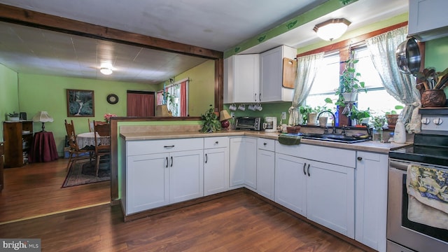 kitchen with a peninsula, electric range, dark wood-style floors, and a sink