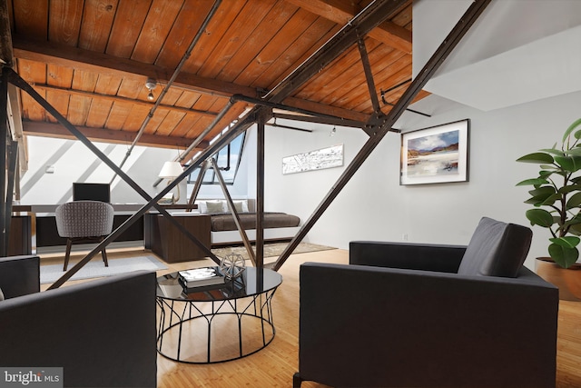 living room with wood ceiling, beam ceiling, and wood-type flooring