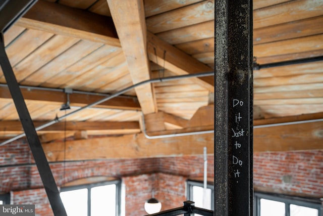 interior details featuring wood ceiling and beam ceiling