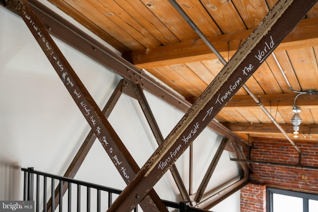 room details with wood ceiling and beamed ceiling