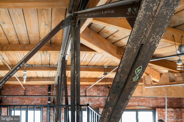 details featuring wood ceiling and beam ceiling