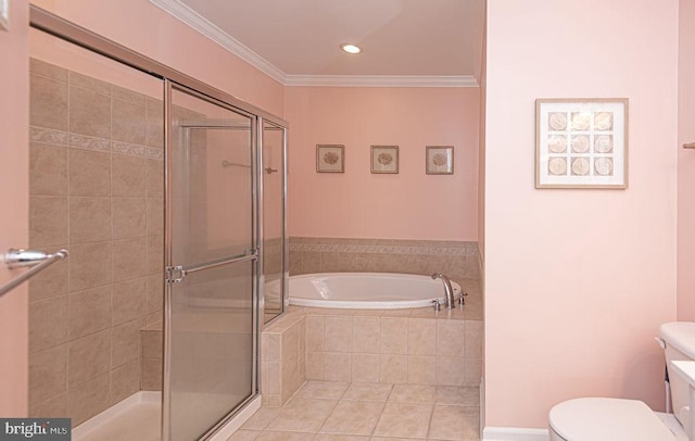 bathroom with plus walk in shower, tile patterned floors, toilet, and ornamental molding