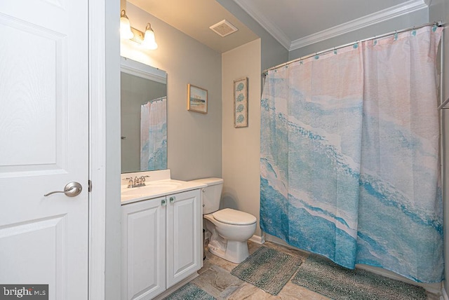 bathroom featuring vanity, toilet, and ornamental molding