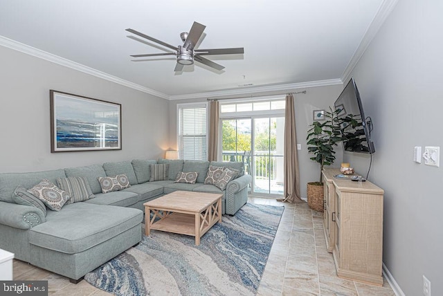 living room with crown molding and ceiling fan