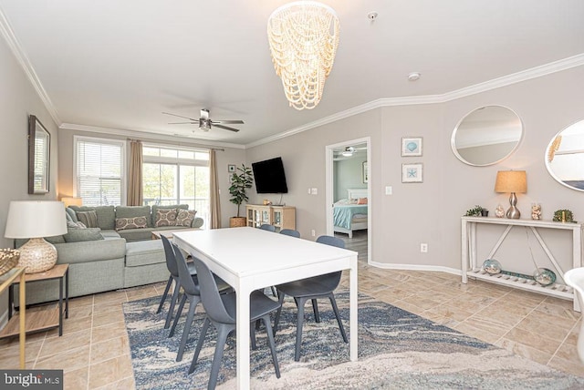 dining room with ceiling fan with notable chandelier, ornamental molding, and light tile patterned floors