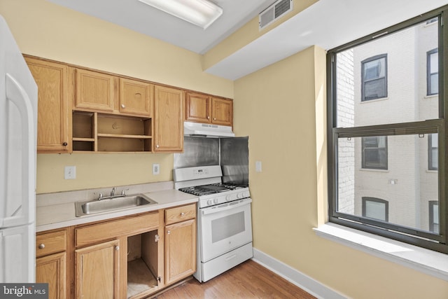 kitchen featuring sink, white appliances, and light hardwood / wood-style floors