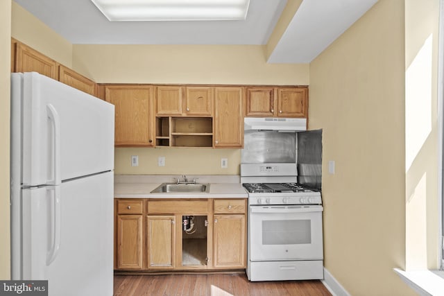 kitchen featuring light wood-type flooring, white appliances, and sink