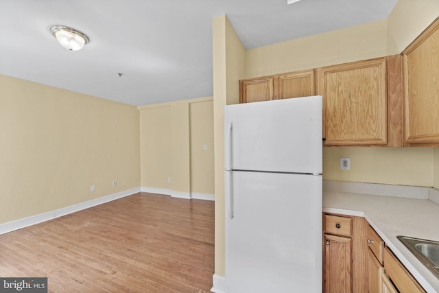 kitchen with white fridge, light brown cabinetry, and light hardwood / wood-style flooring