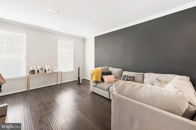 living room with wood finished floors, baseboards, and ornamental molding