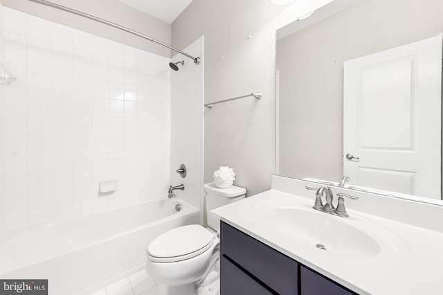 bathroom with shower / tub combination, tile patterned floors, toilet, and vanity