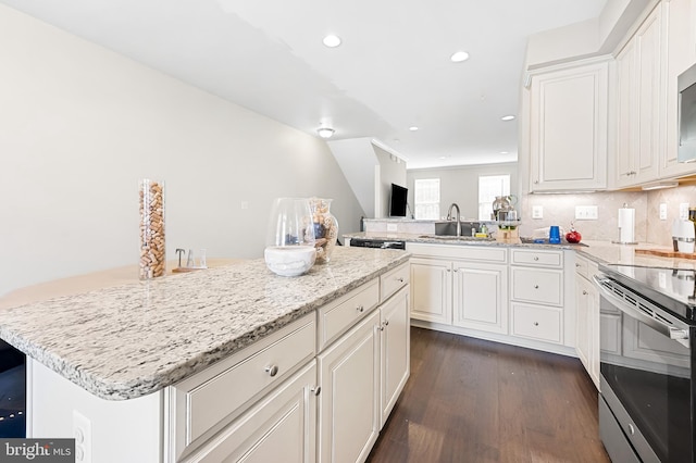 kitchen with dark wood-style floors, light stone countertops, a sink, stainless steel range with electric stovetop, and tasteful backsplash