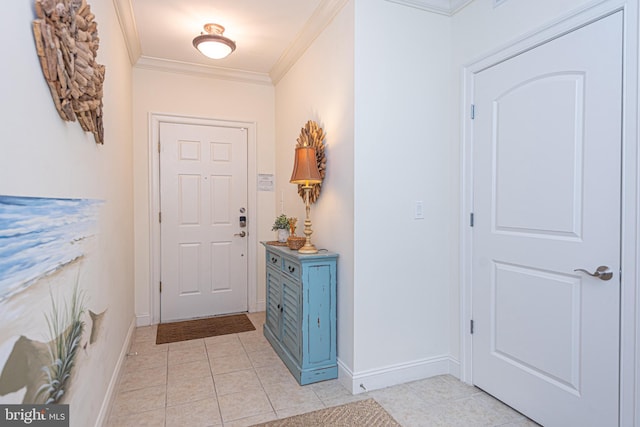 doorway to outside with light tile patterned flooring, crown molding, and baseboards