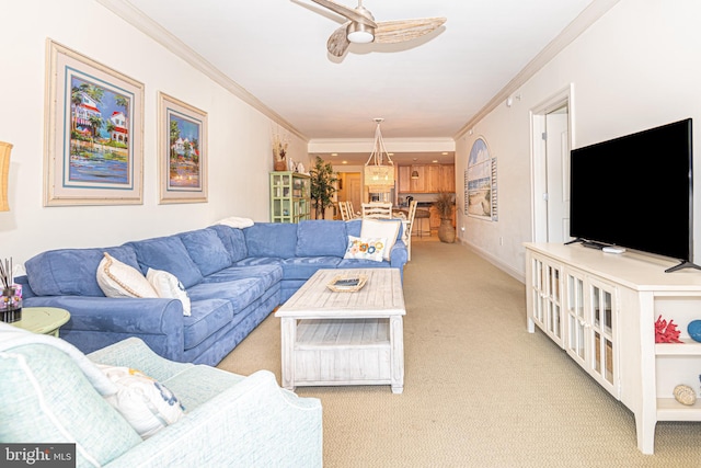 carpeted living room featuring ornamental molding