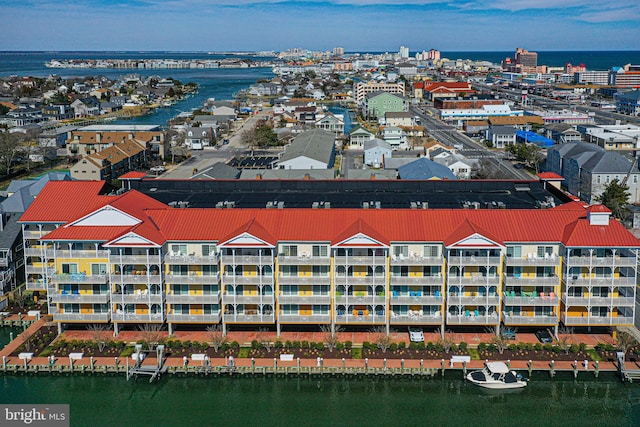 aerial view featuring a water view