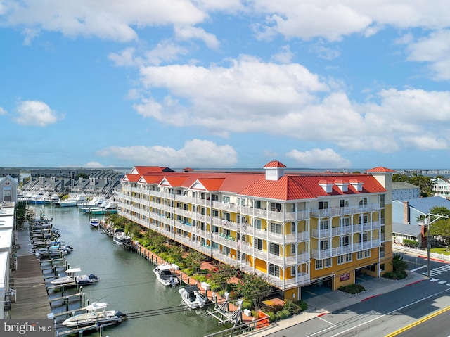 view of building exterior featuring a water view