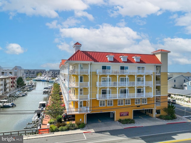 view of building exterior with a water view