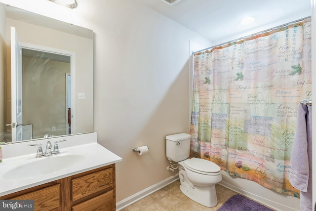 full bathroom featuring vanity, shower / tub combo, toilet, and tile patterned flooring