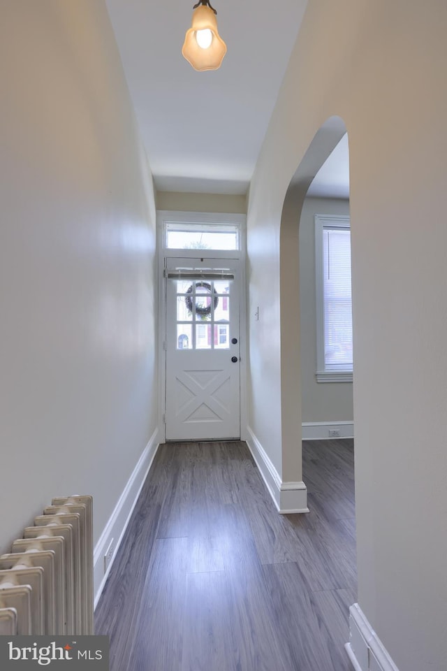 entryway with radiator heating unit and hardwood / wood-style flooring