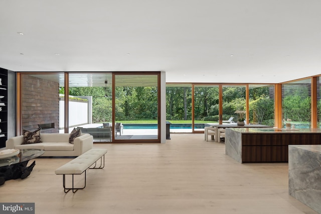 living room featuring a wall of windows, a fireplace, and light hardwood / wood-style flooring