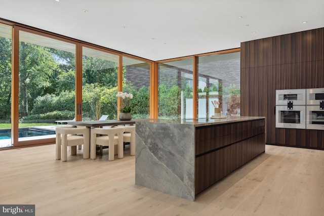 interior space featuring light wood-type flooring and wooden walls