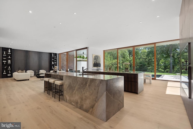 kitchen featuring expansive windows, sink, a large island, a breakfast bar area, and light hardwood / wood-style floors