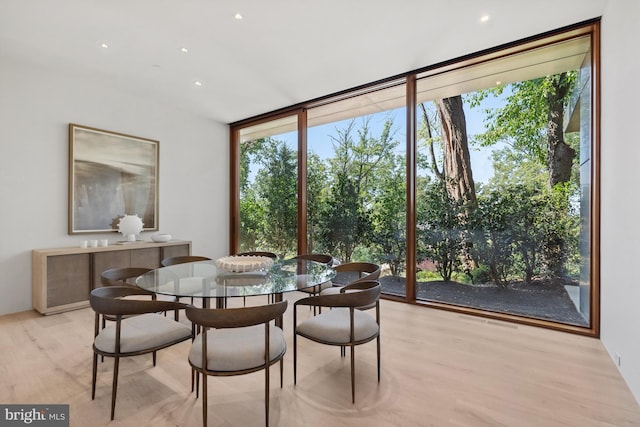 dining room with light hardwood / wood-style flooring and expansive windows