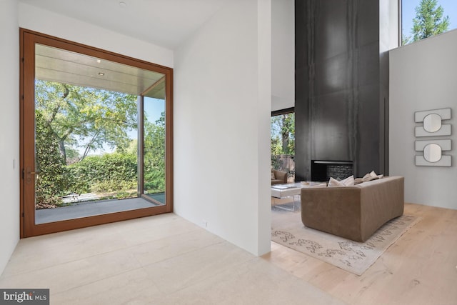 interior space with a large fireplace and plenty of natural light