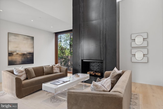 living room with a fireplace and light hardwood / wood-style floors