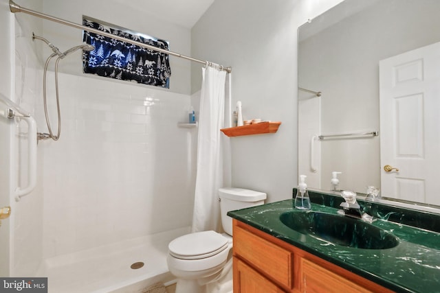 bathroom featuring toilet, vanity, and a shower with curtain