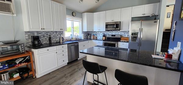 kitchen featuring white cabinets, stainless steel appliances, backsplash, and dark hardwood / wood-style floors