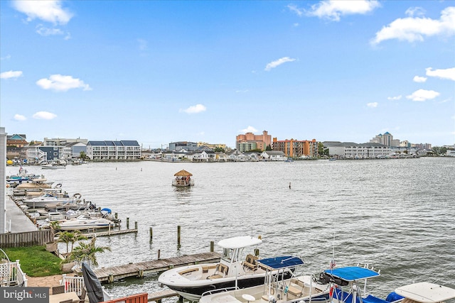 view of water feature with a boat dock and a city view