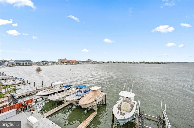 view of dock featuring a water view and boat lift