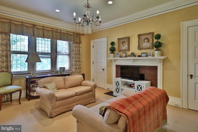 living room featuring a chandelier, baseboards, light colored carpet, and ornamental molding