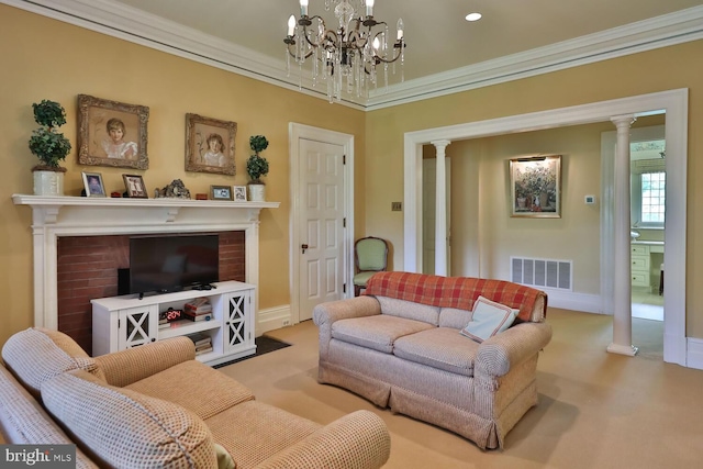 living area with ornate columns, visible vents, carpet floors, and ornamental molding