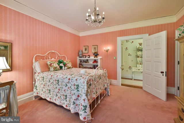 bedroom featuring carpet floors, wallpapered walls, and ornamental molding