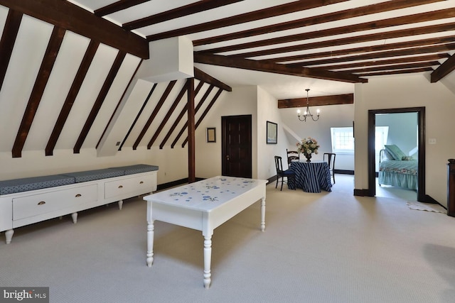 playroom featuring vaulted ceiling with beams, carpet, and a chandelier