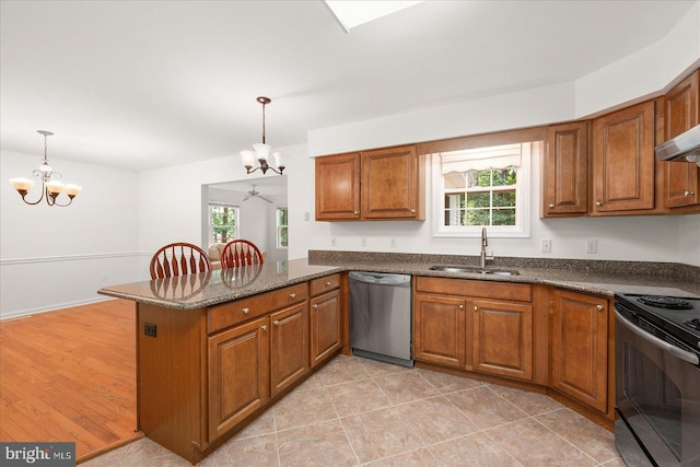 kitchen with dishwasher, light hardwood / wood-style flooring, electric range, sink, and kitchen peninsula