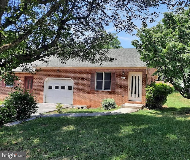 ranch-style house with a front yard, a garage, brick siding, and a shingled roof