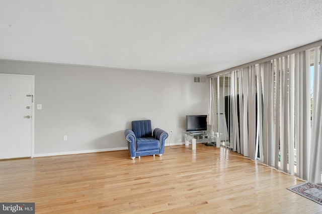 living area with a textured ceiling and light hardwood / wood-style flooring