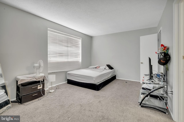 bedroom with a textured ceiling and light colored carpet