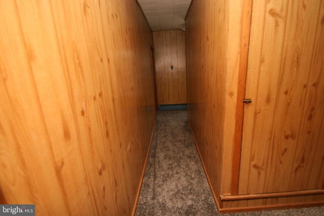 361 Ridgley, Orbisonia, PA 17243 - hallway with carpet floors, wood walls, and a baseboard radiator