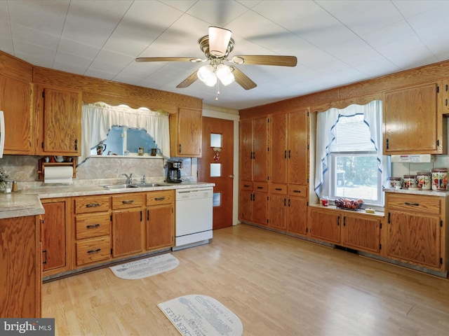 kitchen featuring ceiling fan, white dishwasher, sink, light hardwood / wood-style flooring, and backsplash